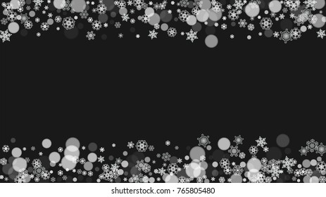 Snowflake border for Christmas and New Year holidays. Horizontal snowflake border on black background. For banners, gift coupons, vouchers, ads, party events. Falling frosty snow.