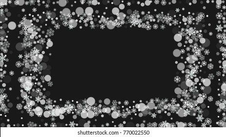 Snowflake border for Christmas and New Year holidays. Horizontal snowflake border on black background. For banners, gift coupons, vouchers, ads, party events. Falling frosty snow.