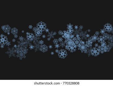 Snowflake border for Christmas and New Year celebration. Holiday snowflake border on black background  with sparkles. For banners, gift coupons, vouchers, ads, party events. Horizontal frosty snow.