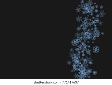 Snowflake border for Christmas and New Year celebration. Holiday snowflake border on black background  with sparkles. For banners, gift coupons, vouchers, ads, party events. Horizontal frosty snow.