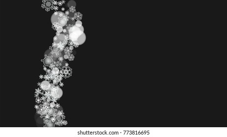 Snowflake border for Christmas and New Year holidays. Horizontal snowflake border on black background. For banners, gift coupons, vouchers, ads, party events. Falling frosty snow.