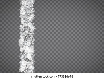 Snowflake border for Christmas and New Year holidays. Horizontal snowflake border on transparent background with sparkles. For banners, gift coupons, vouchers, ads, party events. Falling frosty snow.