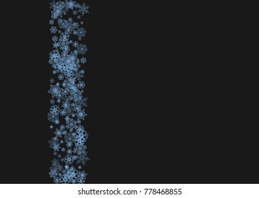 Snowflake border for Christmas and New Year celebration. Holiday snowflake border on black background  with sparkles. For banners, gift coupons, vouchers, ads, party events. Horizontal frosty snow.