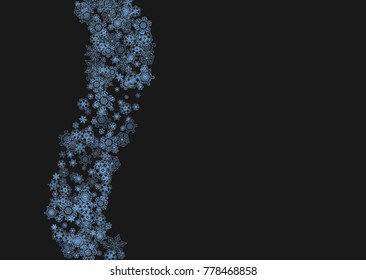 Snowflake border for Christmas and New Year celebration. Holiday snowflake border on black background  with sparkles. For banners, gift coupons, vouchers, ads, party events. Horizontal frosty snow.