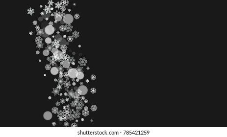 Snowflake border for Christmas and New Year holidays. Horizontal snowflake border on black background. For banners, gift coupons, vouchers, ads, party events. Falling frosty snow.