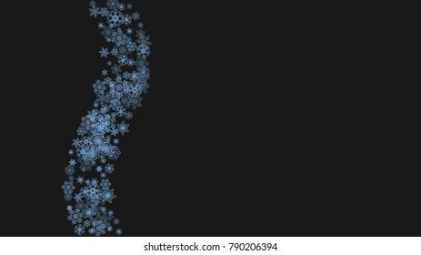 Snowflake border for Christmas and New Year celebration. Holiday snowflake border on black background  with sparkles. For banners, gift coupons, vouchers, ads, party events. Horizontal frosty snow.