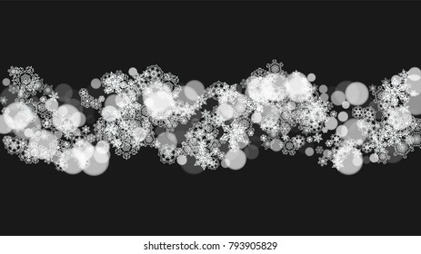 Snowflake border for Christmas and New Year holidays. Horizontal snowflake border on black background. For banners, gift coupons, vouchers, ads, party events. Falling frosty snow.