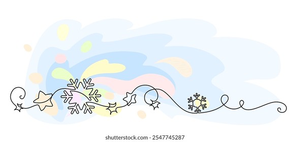 Snowflake Border. Continuous one Line Drawing, Copy Space, Merry Christmas decoration with color splash. vector illustration