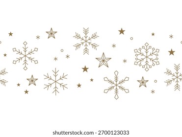 Snowflake border, gold winter snow pattern, holidays banner. Christmas ornate vector with snowflakes and stars. Waved arrangement in gold. Illustration for winter holidays, Christmas design
