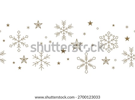 Snowflake border, gold winter snow pattern, holidays banner. Christmas ornate vector with snowflakes and stars. Waved arrangement in gold. Illustration for winter holidays, Christmas design