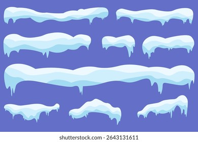 Snowflake border set with cartoon snow cap, frozen pile, and ice drift. Cool effect design with falling snow, blue abstract shape, and horizontal winter elements for greeting illustration.