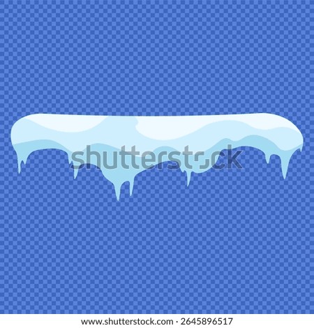 Snowflake border set with cartoon snow cap, frozen pile, and ice drift. Cool effect design with falling snow, blue abstract shape, and horizontal winter elements for greeting illustration.
