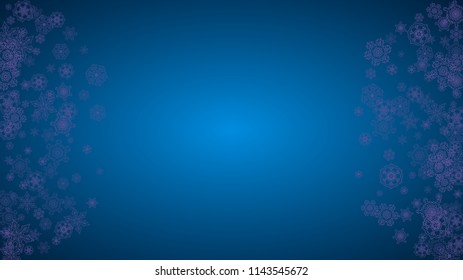 Snowflake border with ultra violet snow. Winter frame for flyer, gift card, invitation, business offer and ad. Christmas background with snowflake border for holiday banner. New Year snowy backdrop