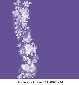 Snowflake border with ultra violet snow. New Year backdrop. Winter frame for flyer, gift card, party invite, retail offer and ad. Christmas trendy background. Holiday banner with snowflake border