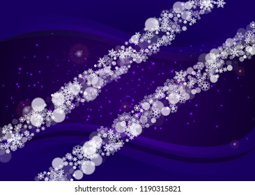 Snowflake border with ultra violet snow. New Year backdrop. Winter frame for flyer, gift card, party invite, retail offer and ad. Christmas trendy background. Holiday banner with snowflake border