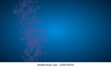 Snowflake border with ultra violet snow. Winter frame for flyer, gift card, party invite, retail offer and ad. Christmas background with snowflake border for holiday banner. New Year snowy backdrop