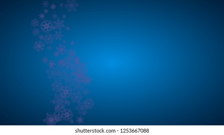 Snowflake border with ultra violet snow. Winter frame for flyer, gift card, invitation, business offer and ad. Christmas background with snowflake border for holiday banner. New Year frosty backdrop