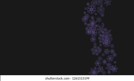 Snowflake border with ultra violet snow. Winter frame for flyer, gift card, party invite, retail offer and ad. Christmas background with snowflake border for holiday banner. New Year snowy backdrop