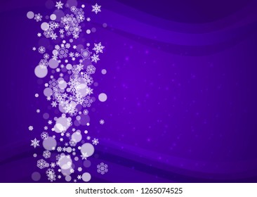 Snowflake border with ultra violet snow. New Year backdrop. Winter frame for flyer, gift card, invitation, business offer and ad. Christmas trendy background. Holiday banner with snowflake border