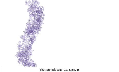 Snowflake border with ultra violet snow. Winter frame for flyer, gift card, invitation, business offer and ad. Christmas background with snowflake border for holiday banner. New Year frosty backdrop