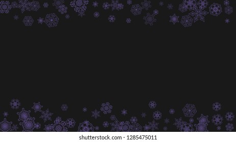 Snowflake border with ultra violet snow. Winter frame for gift coupons, vouchers, ads, party events. Christmas background with snowflake border for holiday banner. New Year snowy backdrop