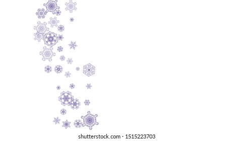 Snowflake border with ultra violet snow. Winter frame for flyer, gift card, party invite, retail offer and ad. Christmas background with snowflake border for holiday banner. New Year snowy backdrop