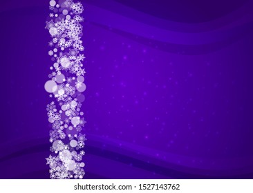 Snowflake border with ultra violet snow. New Year backdrop. Winter frame for gift coupons, vouchers, ads, party events. Christmas trendy background. Holiday banner with snowflake border