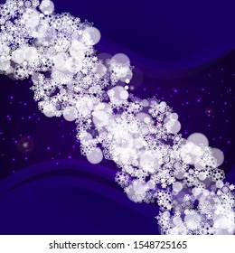 Snowflake border with ultra violet snow. New Year backdrop. Winter frame for flyer, gift card, party invite, retail offer and ad. Christmas trendy background. Holiday banner with snowflake border