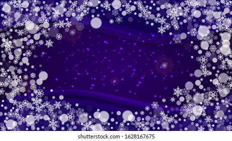 Snowflake border with ultra violet snow. New Year backdrop. Winter frame for flyer, gift card, invitation, business offer and ad. Christmas trendy background. Holiday banner with snowflake border