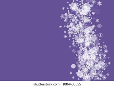 Snowflake border with ultra violet snow. New Year backdrop. Winter frame for flyer, gift card, party invite, retail offer and ad. Christmas trendy background. Holiday banner with snowflake border