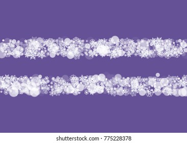 Snowflake border with ultra violet snow. New Year backdrop. Winter frame for flyer, gift card, party invite, retail offer and ad. Christmas trendy background. Holiday banner with snowflake border