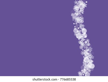 Snowflake border with ultra violet snow. New Year backdrop. Winter frame for gift coupons, vouchers, ads, party events. Christmas trendy background. Holiday banner with snowflake border
