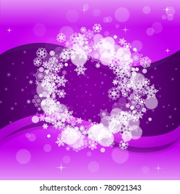 Snowflake border with ultra violet snow. New Year backdrop. Winter frame for flyer, gift card, party invite, retail offer and ad. Christmas trendy background. Holiday banner with snowflake border