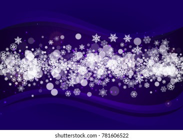 Snowflake border with ultra violet snow. New Year backdrop. Winter frame for gift coupons, vouchers, ads, party events. Christmas trendy background. Holiday banner with snowflake border