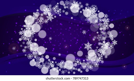 Snowflake border with ultra violet snow. New Year backdrop. Winter frame for gift coupons, vouchers, ads, party events. Christmas trendy background. Holiday banner with snowflake border