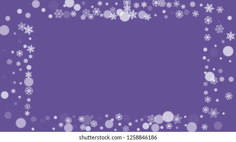 Snowflake border with ultraviolet snow. New Year backdrop. Winter frame for flyer, gift card, party invite, retail offer and ad. Christmas trendy background. Holiday banner with snowflake border