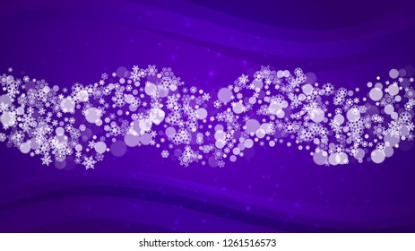 Snowflake border with ultraviolet snow. New Year backdrop. Winter frame for gift coupons, vouchers, ads, party events. Christmas trendy background. Holiday banner with snowflake border