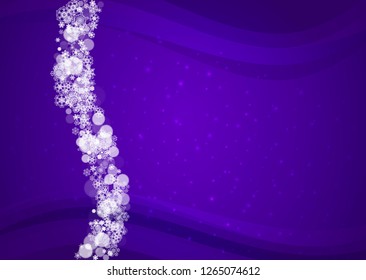 Snowflake border with ultraviolet snow. New Year backdrop. Winter frame for gift coupons, vouchers, ads, party events. Christmas trendy background. Holiday banner with snowflake border