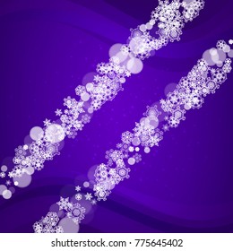 Snowflake border with ultraviolet snow. New Year backdrop. Winter frame for gift coupons, vouchers, ads, party events. Christmas trendy background. Holiday banner with snowflake border