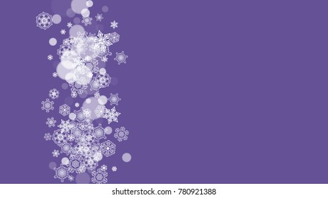 Snowflake border with ultraviolet snow. New Year backdrop. Winter frame for flyer, gift card, invitation, business offer and ad. Christmas trendy background. Holiday banner with snowflake border