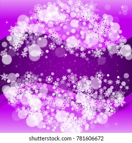 Snowflake border with ultraviolet snow. New Year backdrop. Winter frame for flyer, gift card, party invite, retail offer and ad. Christmas trendy background. Holiday banner with snowflake border