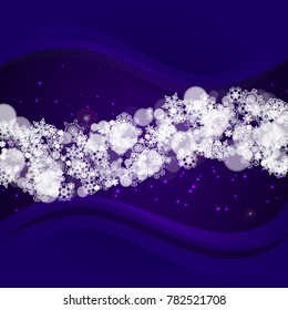 Snowflake border with ultraviolet snow. New Year backdrop. Winter frame for flyer, gift card, invitation, business offer and ad. Christmas trendy background. Holiday banner with snowflake border