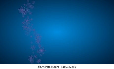 Snowflake border with ultraviolet snow. Winter frame for flyer, gift card, invitation, business offer and ad. Christmas background with snowflake border for holiday banner. New Year snowy backdrop
