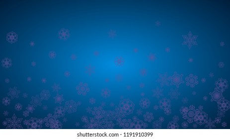 Snowflake border with ultraviolet snow. Winter frame for flyer, gift card, party invite, retail offer and ad. Christmas background with snowflake border for holiday banner. New Year frosty backdrop
