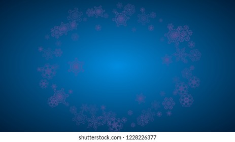 Snowflake border with ultraviolet snow. Winter frame for flyer, gift card, invitation, business offer and ad. Christmas background with snowflake border for holiday banner. New Year snowy backdrop