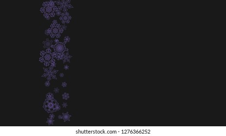 Snowflake border with ultraviolet snow. Winter frame for flyer, gift card, invitation, business offer and ad. Christmas background with snowflake border for holiday banner. New Year frosty backdrop