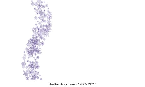 Snowflake border with ultraviolet snow. Winter frame for flyer, gift card, party invite, retail offer and ad. Christmas background with snowflake border for holiday banner. New Year snowy backdrop