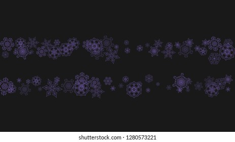 Snowflake border with ultraviolet snow. Winter frame for flyer, gift card, invitation, business offer and ad. Christmas background with snowflake border for holiday banner. New Year snowy backdrop