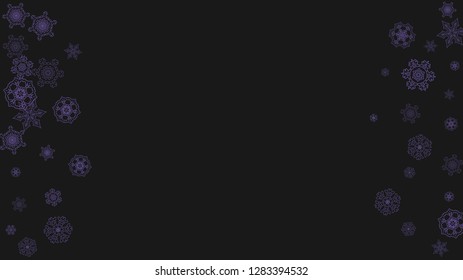 Snowflake border with ultraviolet snow. Winter frame for gift coupons, vouchers, ads, party events. Christmas background with snowflake border for holiday banner. New Year frosty backdrop
