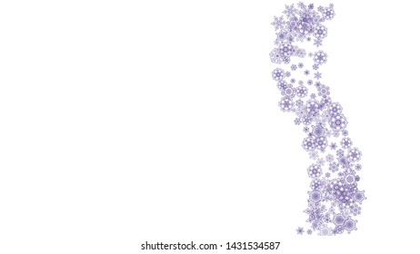 Snowflake border with ultraviolet snow. Winter frame for flyer, gift card, party invite, retail offer and ad. Christmas background with snowflake border for holiday banner. New Year frosty backdrop
